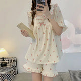 Triogift  Floral Sleepwear Women Pajama Sets Summer Piiama Sets for Women 2 Pieces Home Suit Square Collar Night Wears Ruffles Pyjamas New