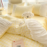 Triogift Korean Style Princess Bedding Set Luxury Pink Lattice Duvet Cover Ruffles Lace Bedspread Bed Sheet Pillowcases