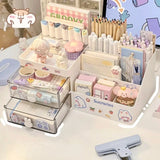 Triogift Desktop Cosmetic Storage Box Organizer Drawer Office Storage Rack Stationery Desk Pen Holder Bunny Drawer Organizer Cute Kawaii