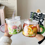 Triogift  -  Kawaii Animal Glass Cup With Lid Straw Cute Flower Coffee Mug Milk Wine Hot Drinks Korean Water Juice Cup Drinkware Gift 600ml