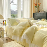 Triogift Chic Ruffle Lace Duvet Cover Set for Girl Yellow Princess Comforter Cover 3 Piece Bedding with Zipper Closure Soft Bedroom Decor