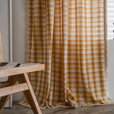 Triogift American Style Cotton Linen Plaid Curtains Bedroom Curtains with Tassel Semi-shading Kitchen Valance Drapes for Living Room