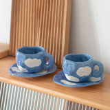 Triogift  -  Hand painted blue sky and white clouds Coffee cup dish set ceramic cup Mug milk breakfast cup cute cup  coffee mugs  teacup