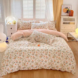 Triogift  Cute Pink Strawberry Duvet Cover Flat Sheet Pillowcase Floral Bedding Set Girls Bed Linen Soft Thick Washed Cotton Bedclothes