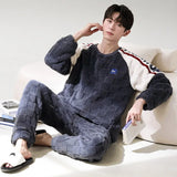 Triogift  High Quality Men Pajamas Suit Coral Velvet Winter Warm Loose Fitting Thick Plush Flannel Sleepwear Set Home Wear Male Nightwear