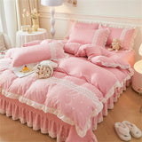 Triogift Korean Luxury Lace Ruffles Bedding Set Skin-Friendly Washed Cotton Princess Style Duvet Cover Bed Sheet Pillowcase Home Textiles