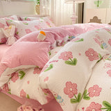 Triogift Pink Flowers Bedding Set Cartoon Rabbit Floral Duvet Cover Queen Full Twin Size Flat Bed Sheet Pillowcase Kawaii Bed Linen