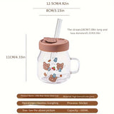 Triogift  -  1pc 500ml Cartoon Bear Glass Cup With Lid And Straw High Borosilicate Water Mug With Handle Iced Coffee Cups Drinking Glasses