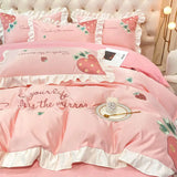 Triogift High-value Cute Princess Wind Four-piece Set Cotton 100 Cotton Strawberry Embroidery Small Fresh Bed Linen Bedding