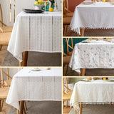 Triogift Cotton Linen Tablecloth Rectangular Tassel Cutout Anti-Wrinkle Tablecloth Kitchen Dining Room Decorative Mantel Table Meet Cover