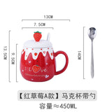 Triogift  -  1pc 450ml Cute Strawberry Ceremic Cup with Lid Spoon Water Cup Coffee Mug Creative Gift Easy To Clean Summer Winter Drinkware