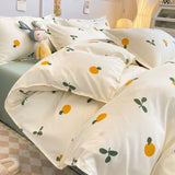 Triogift Ins Style Duvet Cover Set with Flat Sheet Pillowcases Cute Orange Cherry Crow Printed Single Double Queen Size Girls Bedding Kit