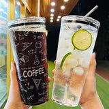 Triogift  -  M450ml Transparent Glass Cup Coffee Mug With Lid Straw Heat-Resistant Glass Water Bottle Glasses For Drinks Milk Wine Cup