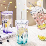 Triogift  -  1set Glass Cup with Straw and Lid Five-Pointed Star Glass Color Gradient Mug Cold Drink Ice Coffee Mug Drinkware Desktop Decor