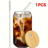 Triogift  -  1/2/4pcs Drinking Glasses With Bamboo Lids And Glass Straw Set 16oz Can Shaped Glass Cups Beer Iced Coffee Glasses Tumbler Cup