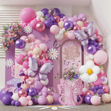 Triogift 153pc Macaron Pink Purple Butterfly Balloon Garland Yellow White Daisy Flower Foil Helium Ball Wedding Birthday Baby Shower Deco