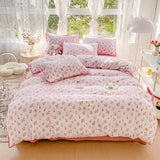 Triogift Pastoral Girls Flower Bedding Sets, Washed Cotton Bed Linens, Soft Quilt Cover Sheet Set, Simple Bedspread, Home Textiles