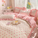 Triogift Ins Pink Princess Lace Love Heart Duvet Cover Pillowcase and Bed Skirt Sheet for Girls Bedding Linen 4pcs Home Textiles