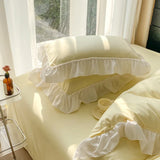 Triogift Chic Ruffle Lace Duvet Cover Set for Girl Yellow Princess Comforter Cover 3 Piece Bedding with Zipper Closure Soft Bedroom Decor