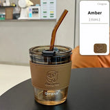 Triogift  -  350/450ml Coffee Straw Cup With Lid Heat-Resistant Water Bottle Beer Drinkware Coffee Mug With Straw Deer Printed Leather Glass