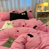 Triogift Ins Solid Pink Tulip Bedding Set Embroidery Duvet Cover Soft Queen Full Twin Size Bed Flat Sheet Quilt Cover Pillowcase Kawaii