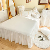 Triogift White Washed Cotton Bedding Set Luxury Lace Embroidery Ruffle Princess Duvet Cover Bed Skirt Bedspread Pillowcases Home Textile