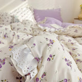 Triogift Fresh Floral Duvet Cover Set No Filler Lace Ruffles Bedding Washed Cotton Bed Linens Flat Sheet Pillowcase for Girls 200x230cm