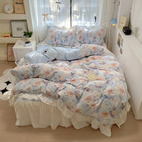 Triogift French Romantic Style Bedding Set Princess Skin Friendly And Comfortable Quilt Cover Lace Washed Cotton Printed Duvet  Cover Set