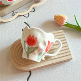 Triogift  -  Korean Style Ins Niche Hand-painted Tulip Bleed Orchid Hand-kneaded Ceramic Cup Office Cute Mug Household Simple Dessert Cup