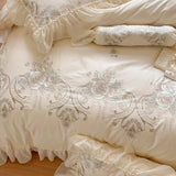 Triogift Beige Egyptian Cotton Bedding Sets Luxury Princess Chiffon Lace Bedclothes Rose Embroidery Duvet Cover Bed Sheet Pillowcases