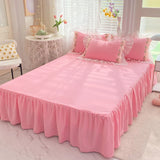 Triogift Princess Wedding Bedding Set Luxury Floral Chiffon Ruffles Quilt Cover Bed Skirt Sheet and Pillowcase for Girls Woman Bedclothes