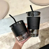 Triogift  -  350/450ml Coffee Straw Cup With Lid Heat-Resistant Water Bottle Beer Drinkware Coffee Mug With Straw Deer Printed Leather Glass