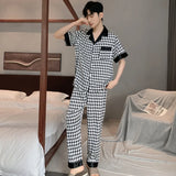 Triogift  Design Houndstooth Pajama Men Ice Silk Pyjama Set Youth Home Wear Teenager Night Clothes Long Sleeve Suit Sleepwear-Set Male