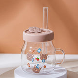 Triogift  -  1pc 500ml Cartoon Bear Glass Cup With Lid And Straw High Borosilicate Water Mug With Handle Iced Coffee Cups Drinking Glasses