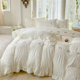 Triogift Korean Style Bed Set Seersucker Flower Embroidery Four Piece Set With Lace Bed Flat Sheet Pillowcase Duvet Cover Set Textiles