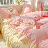 Triogift  Princess Korean Style Bedding Set Aesthetic Queen Full King Size Solid Color Double Bed Bedspread Sheets Ruffled Duvet Cover Set