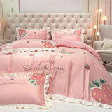 Triogift High-value Cute Princess Wind Four-piece Set Cotton 100 Cotton Strawberry Embroidery Small Fresh Bed Linen Bedding