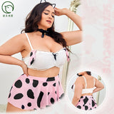 Triogift  4XL Plus Size Women Sexy Lingerie Bra Nightwear Sleepwear Cow Print Hollow Out Buttocks Skirt Top Erotic Costume Underwear Set