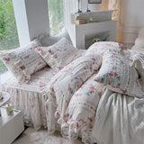 Triogift  Chic Duvet Cover Set Cotton King Size Double Bed Print Floral Princess 4pcs Bedding Set Ruffle Skirted Bedspread 2 Pillowcases