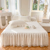 Triogift Solid Color Bed Skirt & Pillowcase Washed Cotton Wrap Around Bedskirt with Embroidered Lace White Pleated Dust Ruffle Bed Sheet