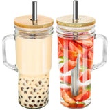 Triogift  -  2pcs Glass Cup Wooden Lid Bubble Tea Cold Drinking Coffee Wine Juice Milk Transparent Straw Car Mug Cup Drinkware Water Bottle