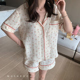 Triogift  Cotton Sleepwear Korean Pajamas for Women Summer Cherry Print Pyjamas Female Set Woman 2 Piece Cute Loungewear