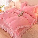 Triogift  Pink Princess Girls Ruffle Lace Bedding Sets Luxury Quilt Cover Bed Sheet and Pillowcases Soft Bedclothes Decor Home