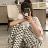 Triogift Plaid Pajamas Pants for Women Sleep Korean Style Sleepwear Summer Ankle Length Bottoms Home Room Elastic Waist Sleeping Wear New