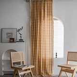 Triogift American Style Cotton Linen Plaid Curtains Bedroom Curtains with Tassel Semi-shading Kitchen Valance Drapes for Living Room