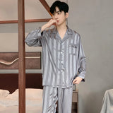 Triogift  Men's Pajama Summer Long-sleeved Ice Silk New High Quality Stain Sleepwear Suit Home Clothes Male Night Wear Pyjamas Gentlemen