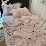 Triogift Korean Style Summer Cool Quilt Girl Lace Embroidered Bow Set Of Four Pieces Washed Cotton Simple Air Conditioning Quilt Hot Sale