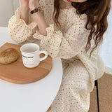 Triogift Polka Dot Nightgown Sleepwear Women Korean Ruffles Night Dress Spring One Piece Pajamas Long Sleeve O-neck Home Wear New