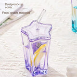 Triogift  -  1set Glass Cup with Straw and Lid Five-Pointed Star Glass Color Gradient Mug Cold Drink Ice Coffee Mug Drinkware Desktop Decor