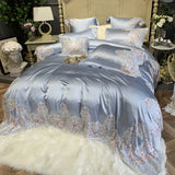 Triogift  Luxury Hotel Wedding Bedding Set Bed Linen Duvet Cover Sets With Embroidery 600 Thread Long Staple Cotton Blue Princess 3/4 PCS